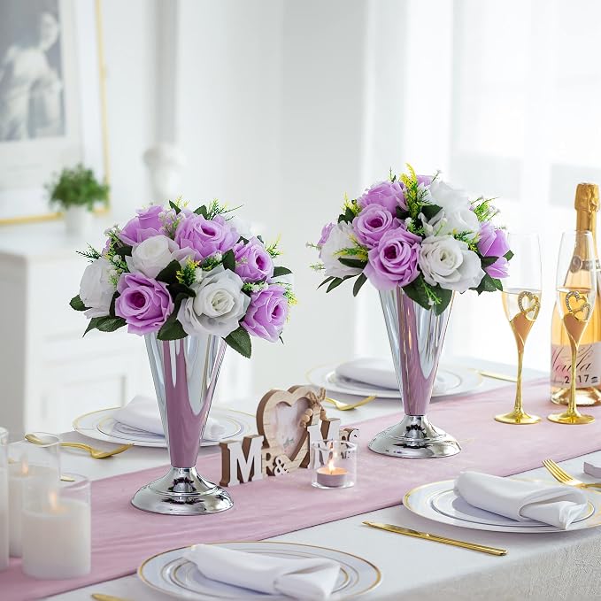 Silver Vase Centerpiece Table Decorations - 10 Pcs Metal Tabletop Flower Stand, Wedding Decorations for Reception, 9.8in Trumpet Tall Flower Vase for Birthday, Weddings, Anniversary, Home Decor