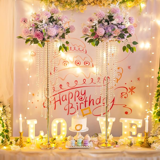 10 Pcs 39.4" Gold Flower Vase with Chandelier Crystal, Centerpiece Table Decorations, Metal Stand for Wedding, Reception, Party, Events, Home