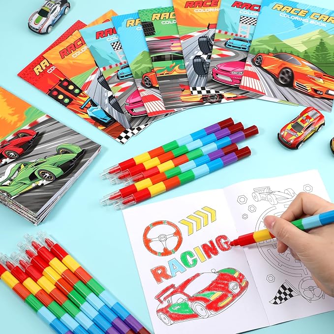 BenLouis 24 Race Car Mini Coloring Books Kids with 24 Stacking Crayons Racing Theme Party Favors Activity Books Bulk for Kids Fast Racecar Wheel Birthday Goodie Bag Gift Stuffer Classroom Reward
