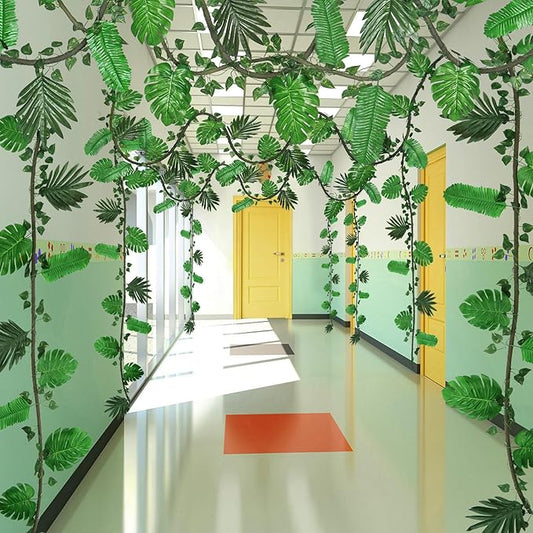 Betylifoy 57Pcs Jungle Theme Party Decorations Fake Rattan Strands 5 Kinds Artificial Tropical Rainforest Palm Leaves Fake Ivy Vines Garland Decorations for Indoor Outdoor Forest Safari Jungle Party