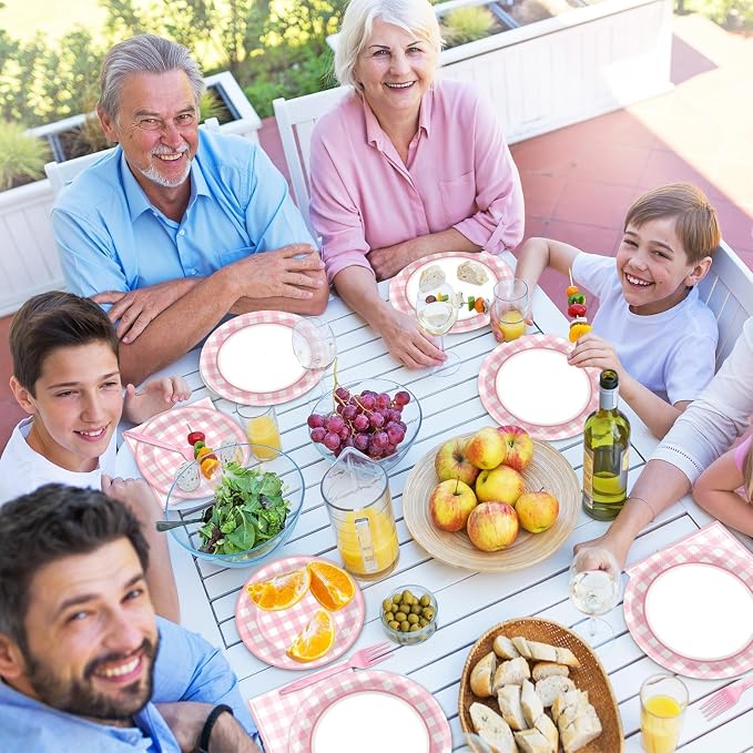 200 PCS Pink Checkered Tableware Disposable Pink And White Checkered Party Supplies Dinnerware Set Plaid Plates Outdoor Supplies Girls Barbecue Picnic Birthday Party Decoration Serve 50 guest