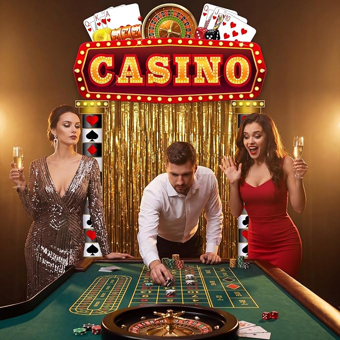Peryiter 5 Pcs Casino Party Decorations with Gold Foil Curtain Backdrop Roaring Casino Themed Backdrop Awards Night Party Decor for Vintage Black Gold Art Event for Halloween, New Year, Birthday