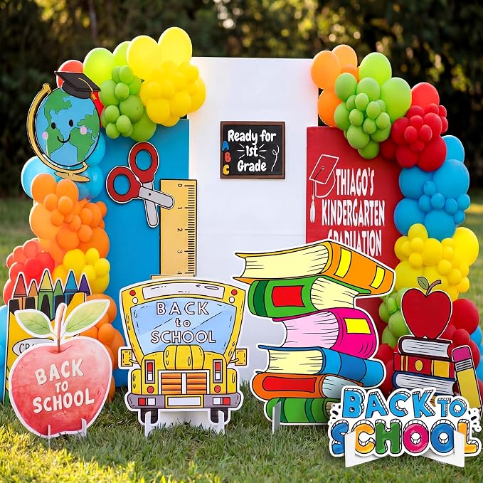 Honoson 4 Pcs Large 32" Back to School Cardboard Cutouts Standup, First Day of School Party Decorations Backdrop Bus Notebook Yard Sign Photo Booth Props for Classroom Party Supplies