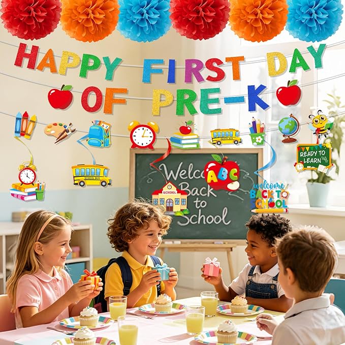 First Day of Pre-K Decorations - 15PCS First Day of Preschool Party Banners Hanging Swirls Paper Pompoms Decor, Back to School Classroom Decor Supplies