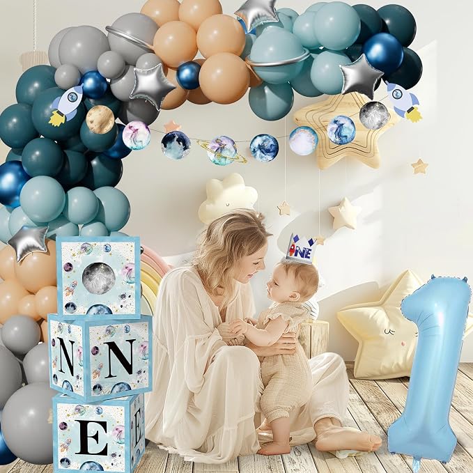 Space 1st Birthday Decorations - First Trip Around the Sun, Outer Space One Year Old Party Supplies Include Balloon Boxes, Backdrop, Balloon Arch, Highchair Banner