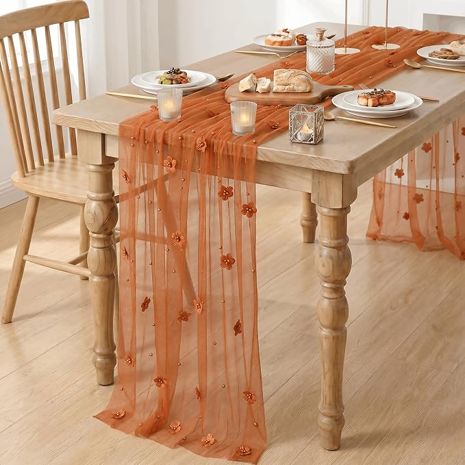 Artoid Mode Caramel Flower Pearl Pink Gauze Table Runner 10FT, Seasonal Sheer Dining Holiday Wedding Birthday Baby Shower Table Decor for Home Party