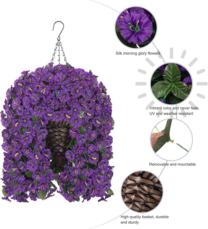 Artificial Fake Flowers Plants Hanging Baskets Outdoor Outside Spring Decor, Faux Silk Purple UV Resistant Look Real Morning Glory Home Patio Porch Balcony Decoration
