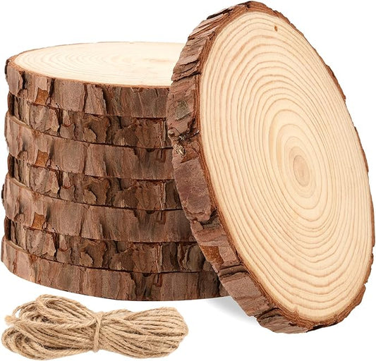 MANCHAP 8 PCS 7-8 Inch Craft Wood Slice with Hole, Unfinished Predrilled Wooden Circles with Hanging String, Round Log Discs Log Slices for DIY, Painting, Ornaments, Home Decor