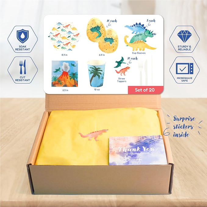 YESBOX Dinosaur Birthday Decorations Set with Dinosaur Paper Plates, Napkins, Cups, Cup Sleeves,Straw Toppers and PLA Cutlery for 20 Guests -Total 201pieces, Unique Gift for Kids