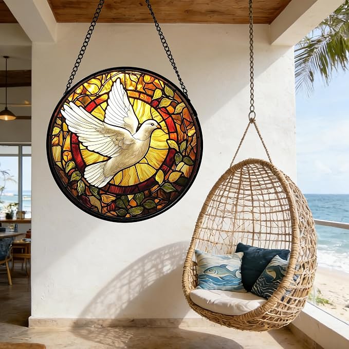 DASTOLL Stained Glass Window Hanging, Flying White Dove Sun Catchers Diamond Glass Panel Hangings Cute Birds Suncatcher Decor for Birthday for Women, Men, Wife, Aunt, and Mom 6.3 in