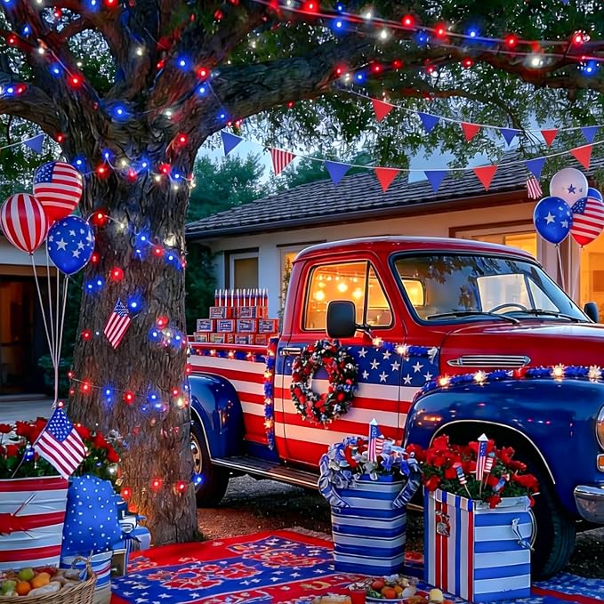 YEGUO Red White and Blue Lights Battery Operated, 2 Pack Each 33ft 100 LED 4th of July Lights Outdoor Waterproof, 8 Modes Clear Wire Fairy Light Indoor with Remote for Memorial Day Patriotic Decor