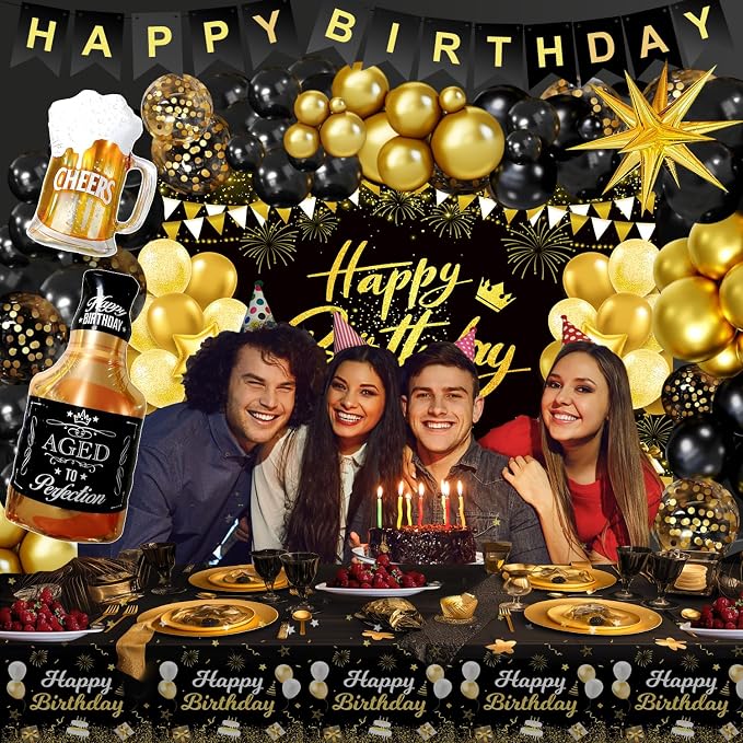 Black and Gold Birthday Decorations for Men Women | Black Gold Balloon Arch Kit, Happy Birthday Banner, Tablecloth, Backdrop