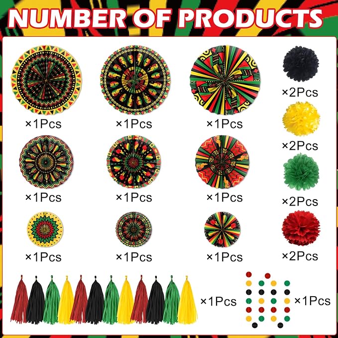 Rakuto Black History Month Party Decorations,30PCS Juneteenth African American Themed Paper Fans and Paper Poms Decoration,Happy June African Themed Tassel Garland Party Decor