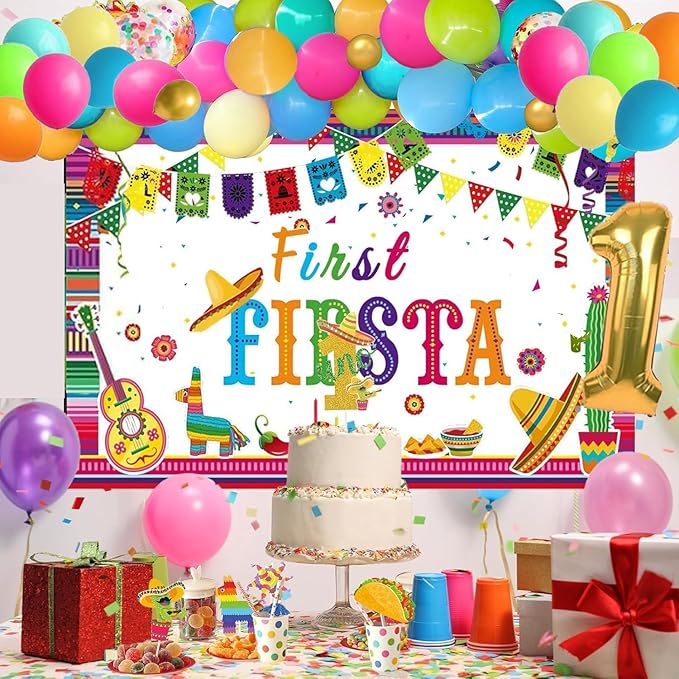 First Fiesta Birthday Decorations, Mexican Theme 1st Uno Party Decorations Backdrop Balloon Monthly Photo Highchair Banner Tablecloth Cake Cupcake Topper Box Cutout Crown Poster
