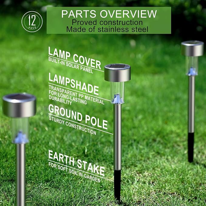 Dream Master Solar Lights Outdoor Waterproof, Stainless Steel LED Landscape Lighting, Solar Garden Lights, Outdoor Decorations for Yard, Pathway, Walkway, Patio, Lawn - 12 Pack (Cold White)
