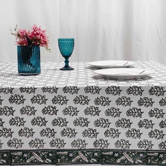 Ridhi Evergreen Grace Hand Block Print Cotton Rectangle Tablecloth 108" x 60" inches Reusable Table Cover Decorative Everyday Use for Dining Room, Farmhouse, Home Gift for Spring, Mother's Day