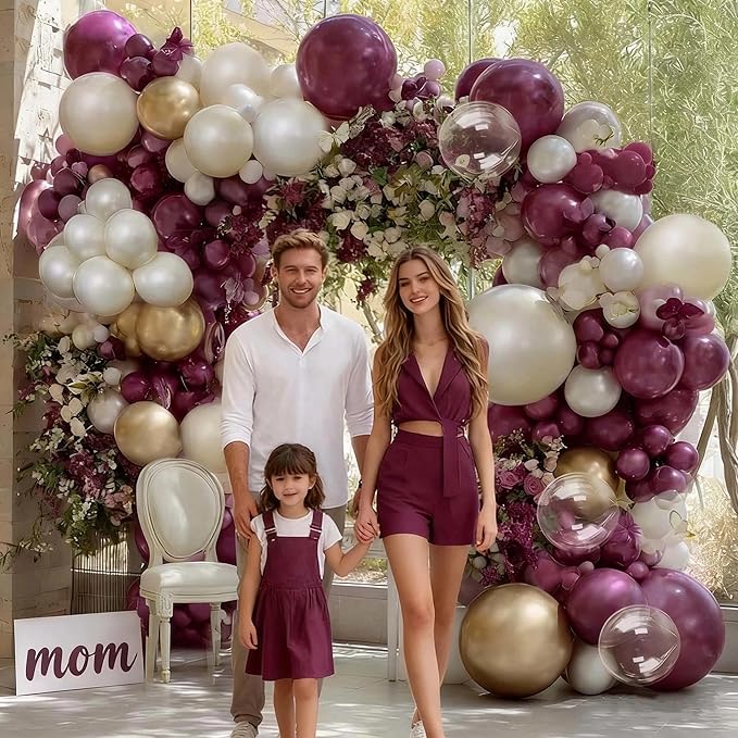 Dark Purple White Balloon Arch Kit, Double Stuffed Plum Mauve Burgundy Pearl White Sand Gold Balloon Garland with Clear Bobo Latex for Birthday Baby Shower Wedding Graduation Mothers Day Party Decor