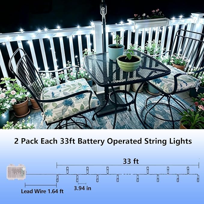 YEGUO Battery Operated String Lights, 2 Pack Each 33ft 100 LED Twinkle Fairy Lights Outdoor Waterproof, 8 Modes Clear Wire White Christmas Lights Indoor with Remote