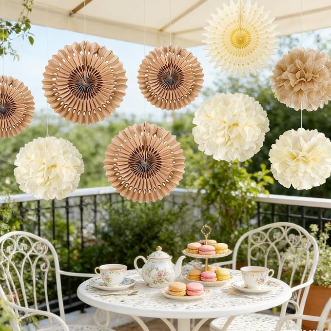 SUNBEAUTY Brown Party Decorations Boho Wedding Party Decor Brown Beige Tissue Pom Poms Paper Fans Hanging Neutral Women Birthday Party Decorations Bridal Shower Baby Shower Rustic Engagement Decor