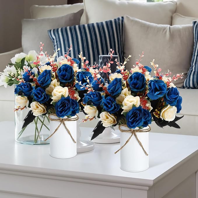 Domensi 6 Sets Wedding Centerpiece for Table Artificial Rose with Vase Fake Bouquets and Metal Pot Flower Arrangements for Bridal Shower Birthday Party Event Table Decor (Dark Blue)