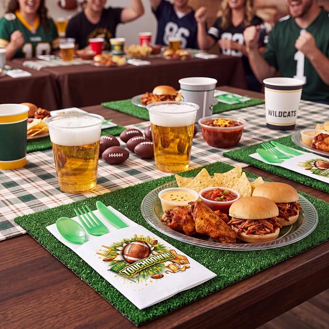 LemonRoad 50 Sets Football Party Plastic Silverware Pre-folded Cutlery Serves 50 Includes Forks Knives Spoons Paper Napkin Disposable Football Tableware for Tailgate Party Sports Gathering Game Day