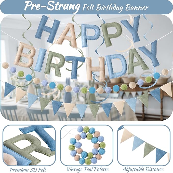 Kriyokiaa Pre-Strung Felt Happy Birthday Banner Dusty Blue Sage Green Happy Birthday Party Decorations with Pom Pom Garland, Flag and Hanging Swrils for Men Boys Party Decor