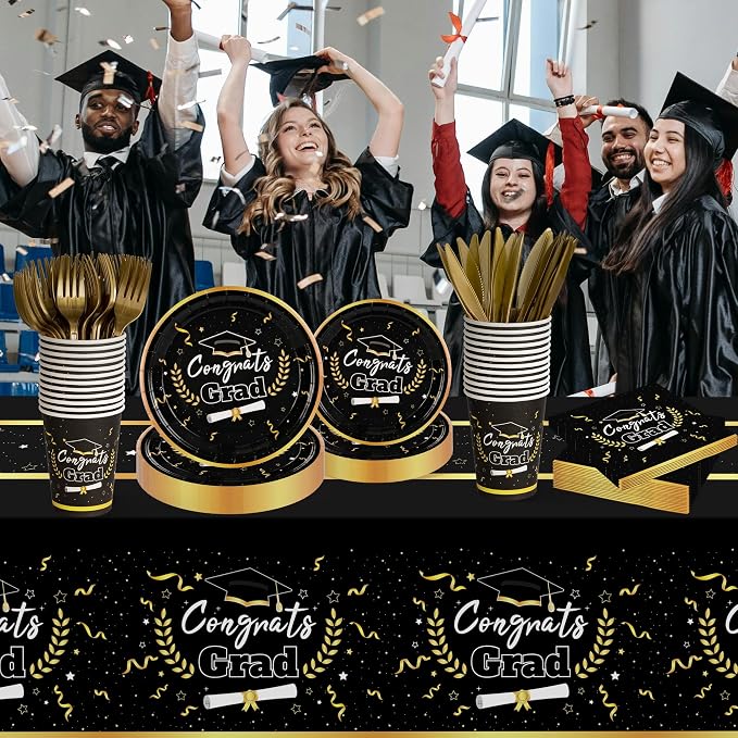 Graduation Decorations 2026 Graduation Party Decorations,147 PCS Disposable Graduation Grad Tableware,Black and Gold Graduation Tablecloth Knives Fork Plates Napkin Cups Graduation Party for 24 Guests