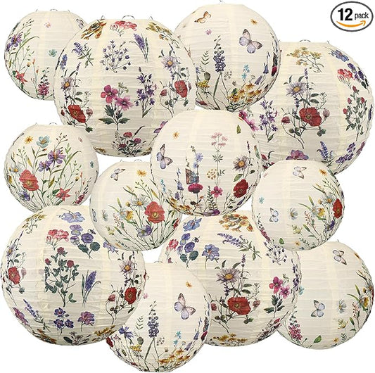Baquler 12 Pcs Spring Wildflower Paper Lanterns Party Decorations Vintage Floral Hanging Lanterns 3 Styles for Baby in Bloom Baby Shower Wedding Garden Tea Summer Home Indoor Outdoor Party Decor