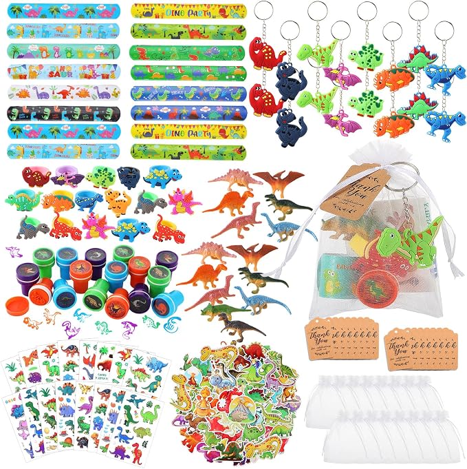 Hungdao 178 Pcs Dinosaur Birthday Party Favors for 16 Kids with Dinosaur Keychain Sticker Stamp Ring Slap Bracelet Tattoo Sticker Gift Bag Tag for Boys and Girls Party Carnival Gift Fillers