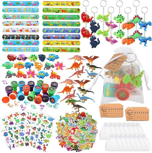 Hungdao 178 Pcs Dinosaur Birthday Party Favors for 16 Kids with Dinosaur Keychain Sticker Stamp Ring Slap Bracelet Tattoo Sticker Gift Bag Tag for Boys and Girls Party Carnival Gift Fillers