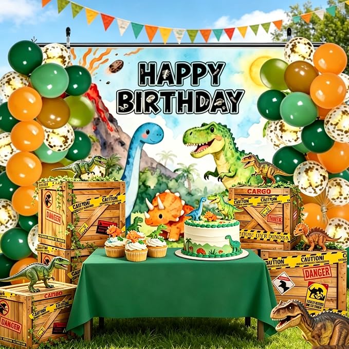 Dinosaur Birthday Party Decorations 119 PCS – 7x5FT Dino Backdrop with 105 Balloon, 6 Dino Boxes, Tablecloth, Ivy Vines & Jungle Theme Birthday Party Supplies for Kids