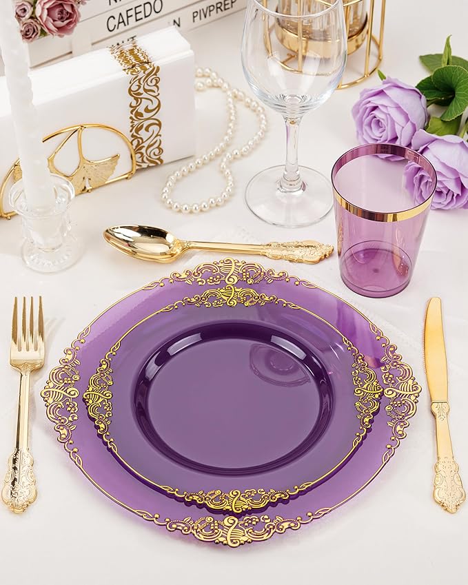 Nervure 175PCS Clear Purple Plastic Plates - Purple Party Plates Set for 25 Guests Include 25Dinner Plate, 25Dessert Plate, 25Cups, 75 Cutlery, 25Napkins Perfect for Wedding, Party & Bridal