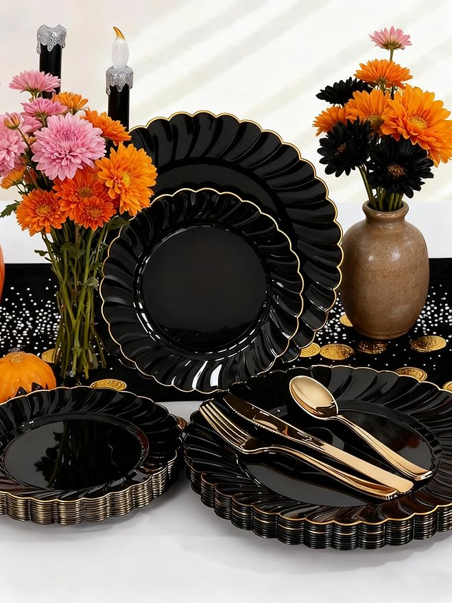 YOUBET 60PCS Black Scalloped Plastic Plates - Black and Gold Disposable Plates include 30 Gold Dinner Plate, 30 Dessert Plate for Party & Wedding