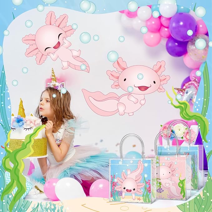 Teenyyou 24 Pcs Axolotl Party Favor Bags Amphibian Clear PVC Gift Bags with Handles for Birthday Party Decorations