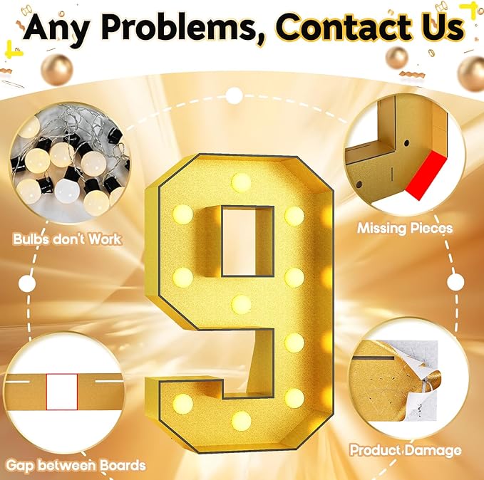 4FT Light Up Numbers 9, Glitter Gold Large Light Up Number 9 Frame Marquee Mosaic Numbers for 9th Birthday, Giant Number 4 Feet Tall DIY Frame Pre-Cut Foam Board Kit for Graduation Anniversary