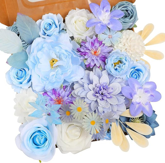 Garisey Artificial Flowers Combo, Mix Silk Flowers Roses, Peonies, Dahlias with Stems for DIY Wedding Bridal Bouquets, Baby Shower, Table Centerpieces, Home Decor, Fake Floral Arrangements-Blue&purple