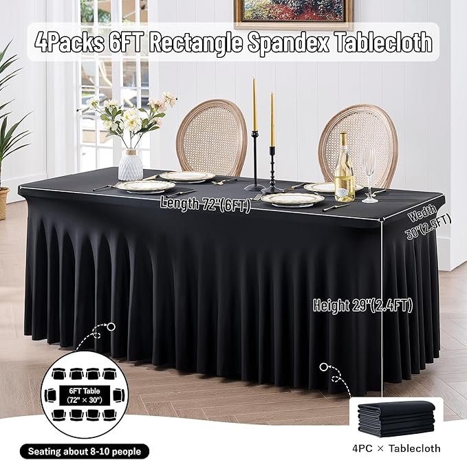 leegleri 4 Pack Black Spandex Table Cloths for 6 Foot Rectangle Tables, Wrinkle Free Stretch Fitted Tablecloths 6ft, Black Banquet Tablecloth with Skirt for Parties Weddings Birthday
