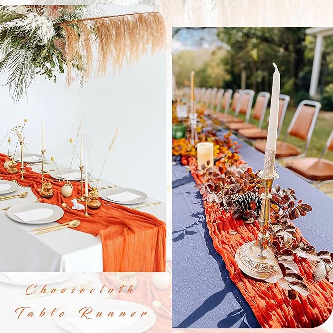 12 Pieces 10FT Orange Cheesecloth Table Runner Boho Gauze Fabric Runner for Tables Rustic Sheer Runner for Wedding Bridal Shower Birthday Holiday Party Cake Table Arbor Decor (35 x 120 Inches Long)