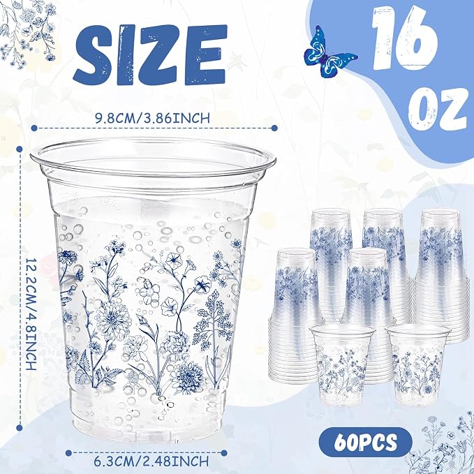 Hushee Blue Garden Floral 60 Pcs Party Cups 16 oz Plastic Disposable Drinking Cups for Birthday Love Baby in Bloom Baby Shower Summer Fresh off The Market Bridal Shower Decorations Supplies