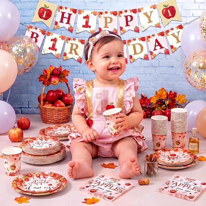 Domensi 250 Pcs Fall Apple Baby Shower Decoration Apple of Our Eye 1st Birthday Party Paper Plates and Napkins Disposable Tableware Sets for Fruit Theme Baby Shower Decors Party Supplies