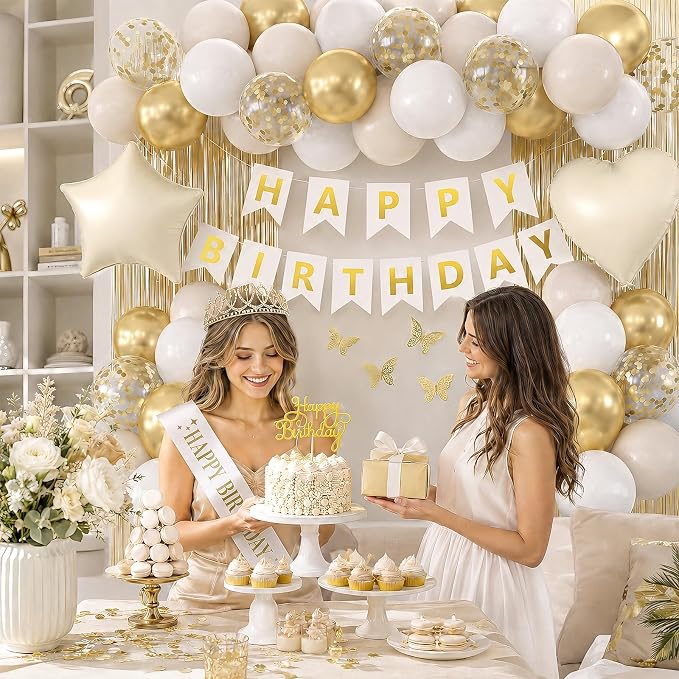 White and Gold Birthday Decorations for Women Girls,Sand White Gold Latex Balloons with Happy Birthday Banner,Fringe Curtain,Cake Topper,Sash and Crown for Birthday Party Supplies