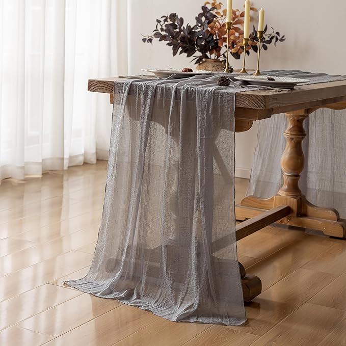 Keketoarrange 3pcs Grey Gauze Rustic Cheesecloth Table Runner 120 Inch 10 FT for Wedding Baby Shower Bridal Shower Birthday Engagement Garden Outdoor Party Long Sheer Boho Decorations