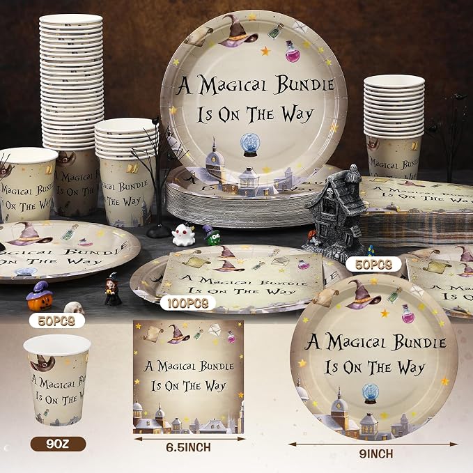 Hushee 200 Pcs a Magical Bundle Is on The Way Baby Shower Paper Plates Napkins Cups Girl Boy Baby Shower Tableware Set Magical Wizard Theme Disposable Cup Napkin for 50 Guest Party Decoration