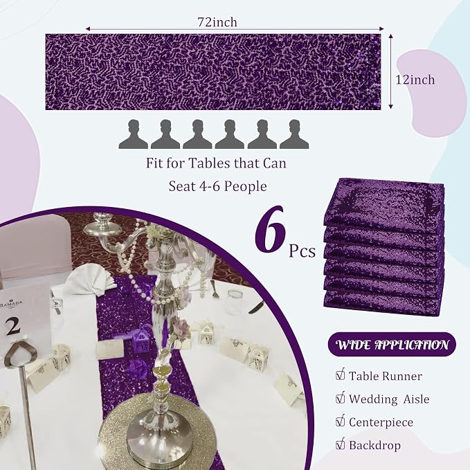 6 Pack Purple Sequin Table Runner 12" x 72" Sparkle Table Runner for Baby Bridal Shower Wedding Birthday Party Table Decor (Purple)