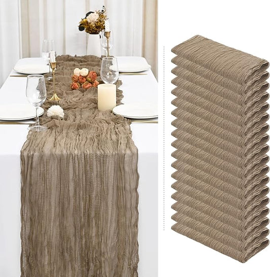Showgeous 18 Pack Light Brown Cheesecloth Table Runner 35 x 120 Inch Long Cheese Cloth Table Runner Semi-Sheer Boho or Rustic Wedding Table Decor for Wedding Arch Draping Bridal Shower Holiday Party