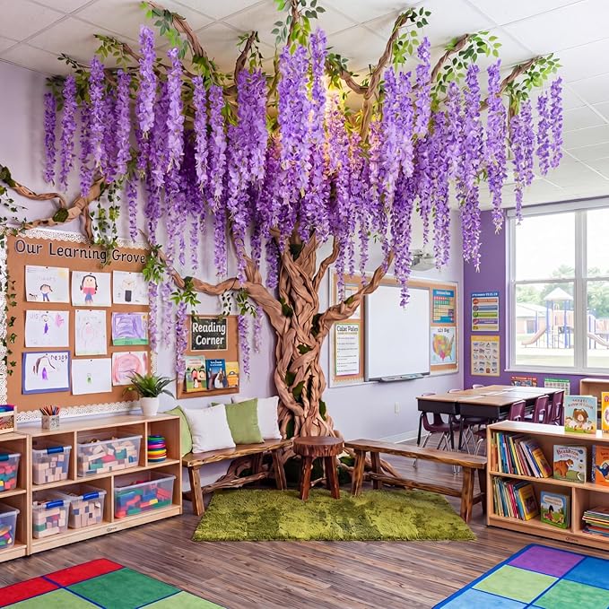 XunYee 3D Wisteria Tree Wall Decor for Room Classroom Ceiling Artificial Wisteria Hanging Flowers DIY Cardboard Paper Tree with Green Vine Kraft Paper Fairy Bulletin Board Decorations(Purple)
