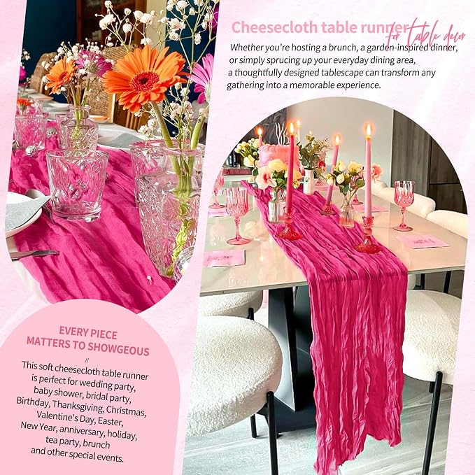 10 Pack Hot Pink Cheesecloth Table Runner 10FT Boho Gauze Cheese Cloth Table Runners Romantic Rustic Sheer Table Decorations for Wedding Party Baby Shower Birthday Holiday Home