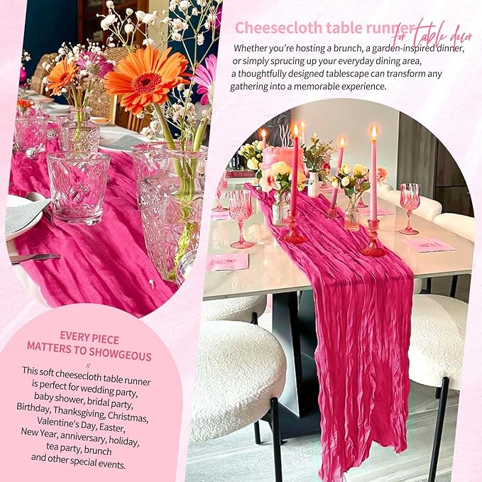 18 Pack Cheesecloth Table Runner 10FT Hot Pink Table Runner Boho Gauze Cheese Cloth Table Runners Long Rustic Sheer Table Decorations for Wedding Party Baby Bridal Shower Birthday Holiday Home