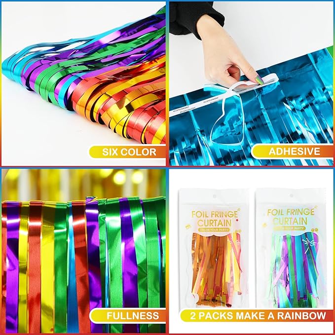 LOLStar Rainbow Party Decorations, 2 Pack 3.3x6.6ft Pride Decorations, Cartoon Birthday Decor Foil Fringe Curtains Rainbow Theme Backdrop, Streamers Photobooth Prop for Happy Kindergarten Graduation