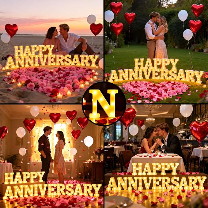 Happy Anniversary Decorations, I Love You Light up Letters Sign, with Rose Petals, Round Pearlescent Balloon, Aluminum Balloons, Table Decor for Wedding Romantic Party